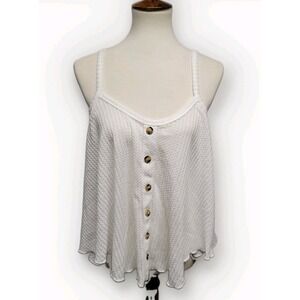 White Boho Fairy Whimsy Womens Waffle Knit Button Front Sheer Cami Tank Top Xl